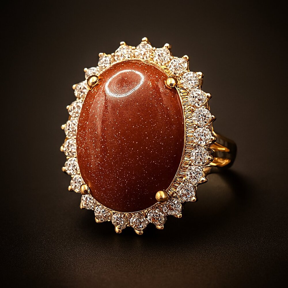 Vintage Copper Goldstone Ring 18K Gold Electroplate Signed Sz 8